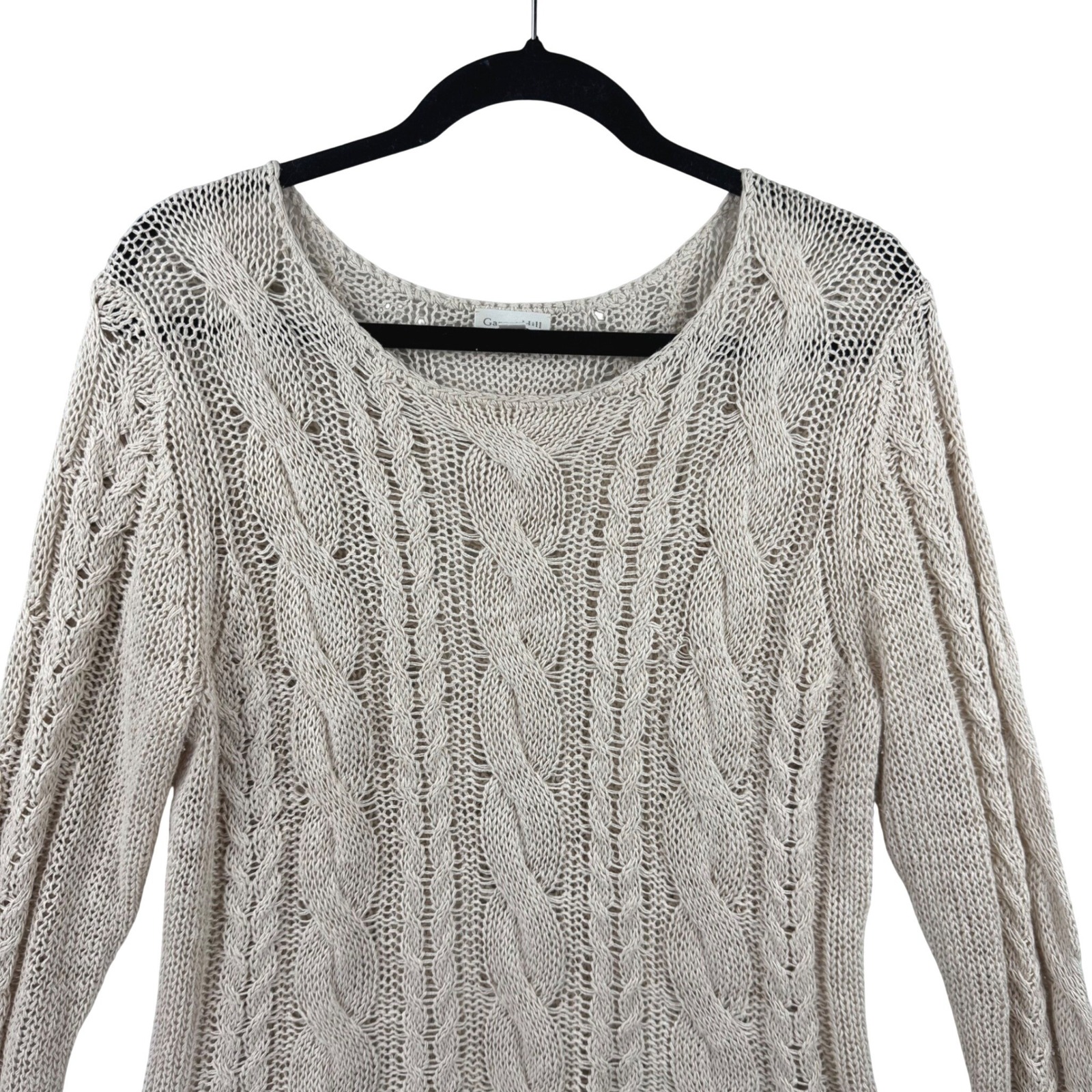Garnet Hill Sweater Womens Medium Beige Linen Cotton Cable Knit Beachy Coastal — image 4 of 8